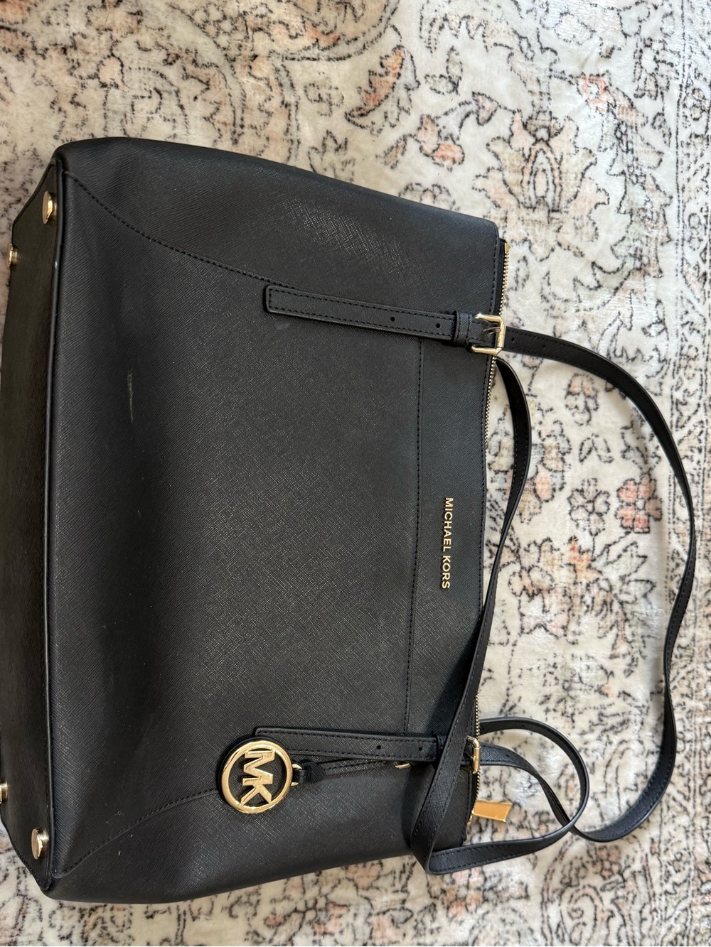 Michael Kors Black Saffiano Tote with Gold MK Charm Voyager tote bag